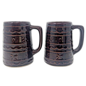 Mar-crest Daisy Dot Brown Stoneware Steins Coffee Mugs VTG USA 16 oz Set of 2